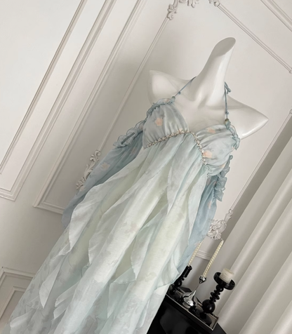 Flowy Blue A Line Halter Ruffle Chiffon Vacation Dress Homecoming Dress Outfits DP3546