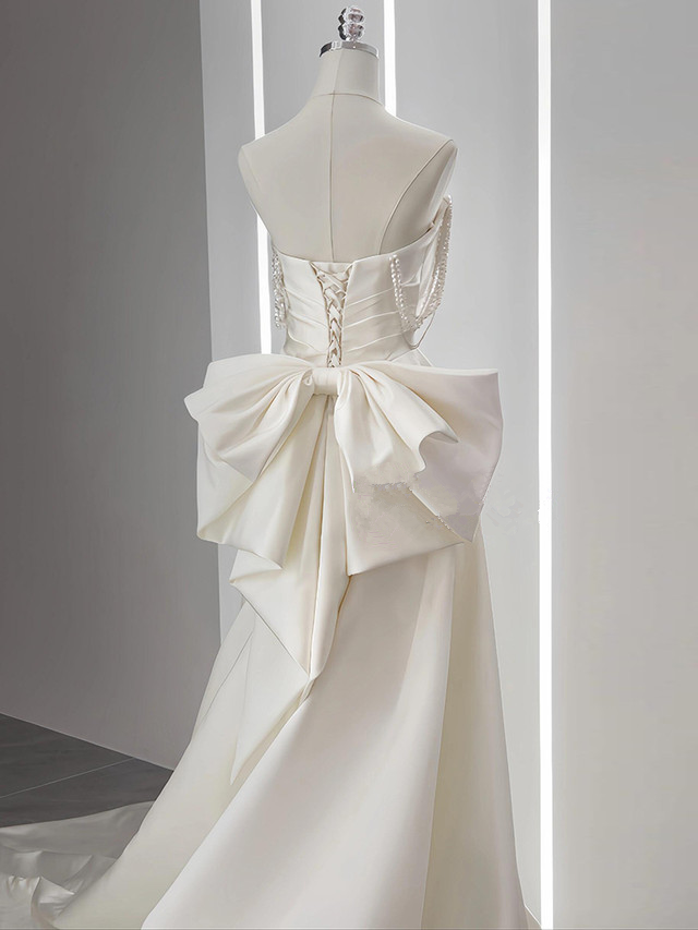 Unique White Satin Strapless Pleats Bow Wedding Dress Long Evening Dress DP679