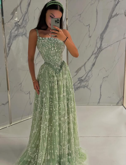 Glamour Green A Line Straps Shiny Beaded Tulle Long Prom Dress Evening Dress DP6060