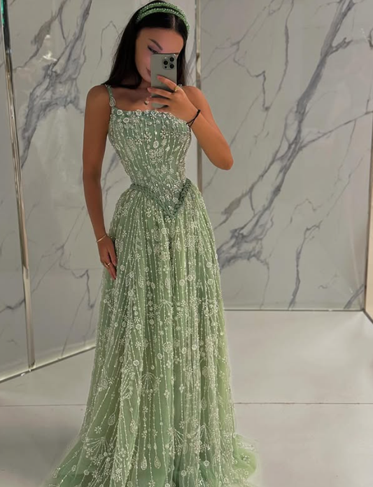Glamour Green A Line Straps Shiny Beaded Tulle Long Prom Dress Evening Dress DP6060
