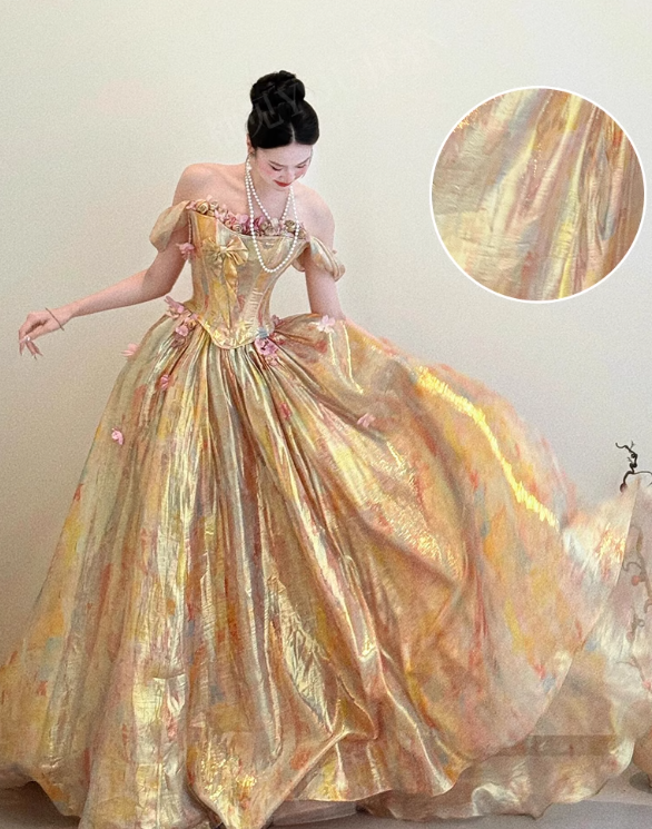 Stunning Ball Gown Off the Shoulder Floral Golden Satin Prom Dress 16th Birthday Dress DP3566
