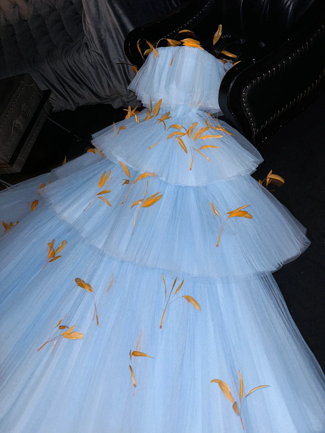 Baby Blue A Line Strapless Tiered Feather Tulle Long Prom Dress Evening Dress DP1958