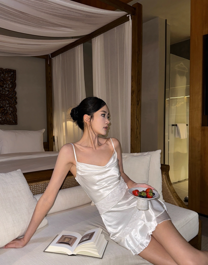 Simple White A Line Spaghetti Strap Lace Ruffle Satin Prom Dress 16th Birthday Dress DP3459
