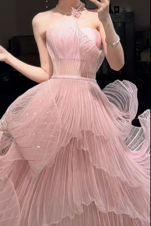 Unique A Line Strapless Layered Pink Organza Long Party Dress Prom Dress DP2507
