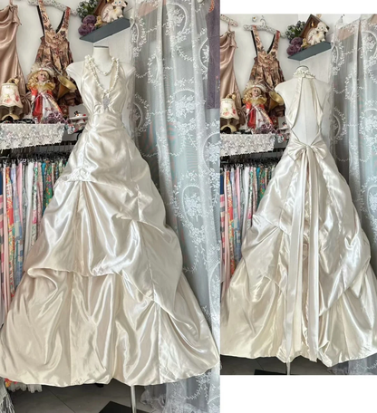 Ivory A Line Halter Beaded Satin Open Back Prom Dress Evening Dress DP5621