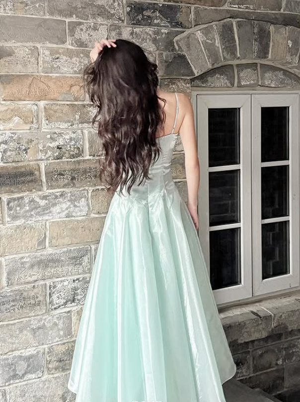 Dreamy A Line Spaghetti Straps Satin Long Graduation Prom Dress DP4880
