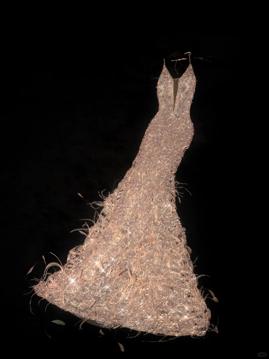 Gold Romantic Mermaid V Neck Feather Sequin Tulle Prom Dress Evening Dress Party Dress DP2968