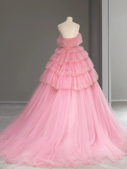 Pink Strapless Tulle Sequins Wedding Dress Beautiful Princess Dress Sweet 16 Dress DP324