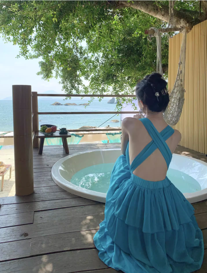 Blue Backless A Line Halter Layered Chiffon Long Vacation Dress Outfits DP3401