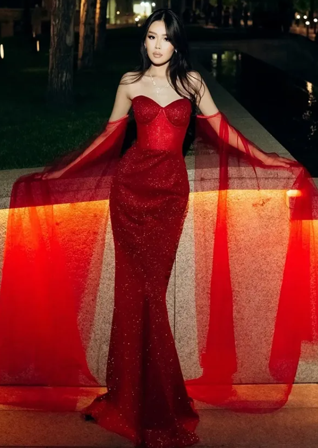 Sexy Red Mermaid Strapless Sequin Tulle Long Prom Dress Graduation Prom Dress DP4886