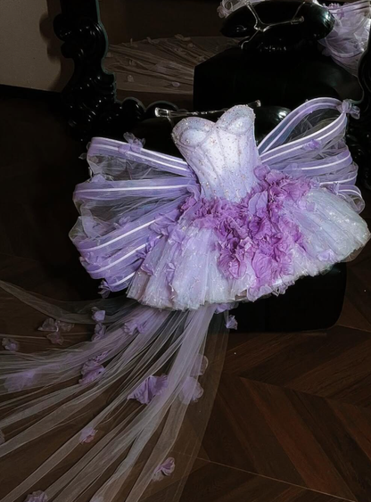 Cute Lilac A Line Sweetheart Neck Exquisite Beaded Bow Tulle Short Prom Dress Homecoming Dress DP6630