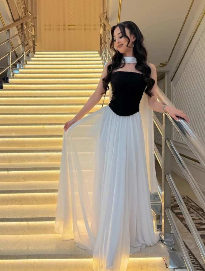 Simple Black-white A Line Strapless Chiffon Satin Prom Dress Evening Dress DP6942