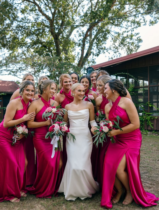 Barbie Pink Mermaid Halter Satin Backless Long Bridesmaid Dress DP4975