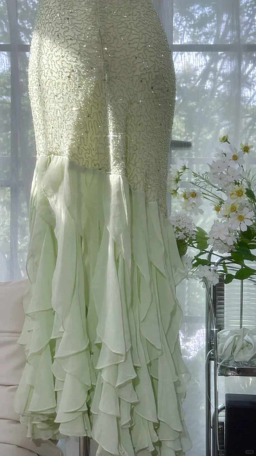 Exquisite Beaded Light Green Mermaid Ruffle Chiffon Prom Dress Date Dress Evening Dress DP2905