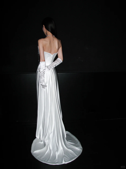 Chic Sheath Strapless White Corset Satin Long Wedding Dress DP8103