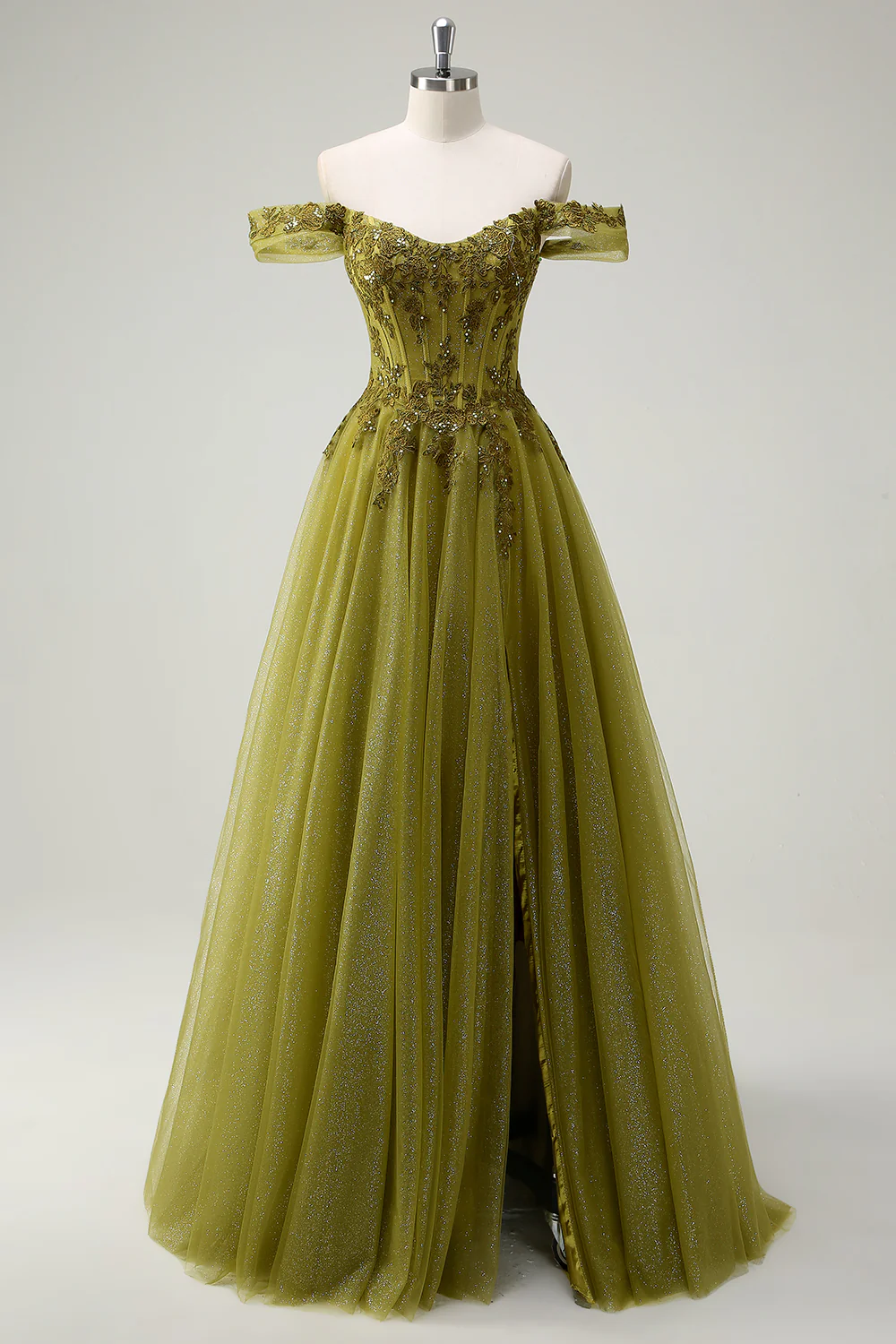 Green A Line Off the Shoulder Appliques Tulle Long Prom Dress Evening Dress DP1473