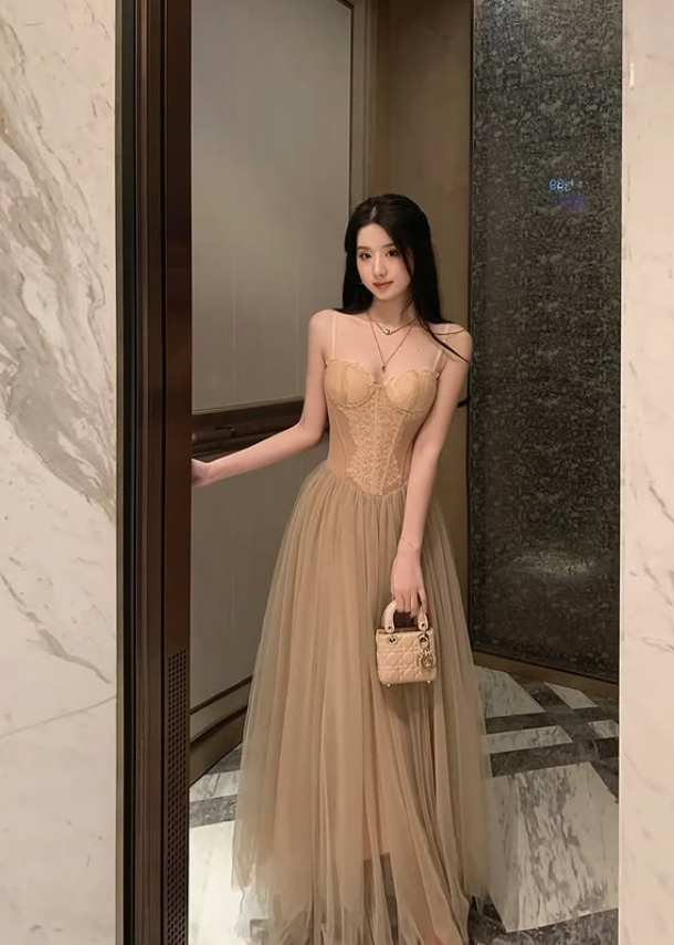 Sexy Brown A Line Spaghetti Strap Lace Tulle Prom Dress Evening Dress DP5426