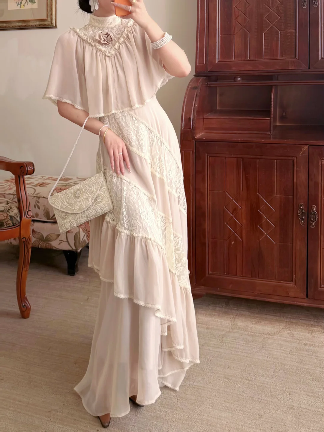 Vintage A Line High Neck Lace Chiffon Long Prom Dress Evening Dress DP6466