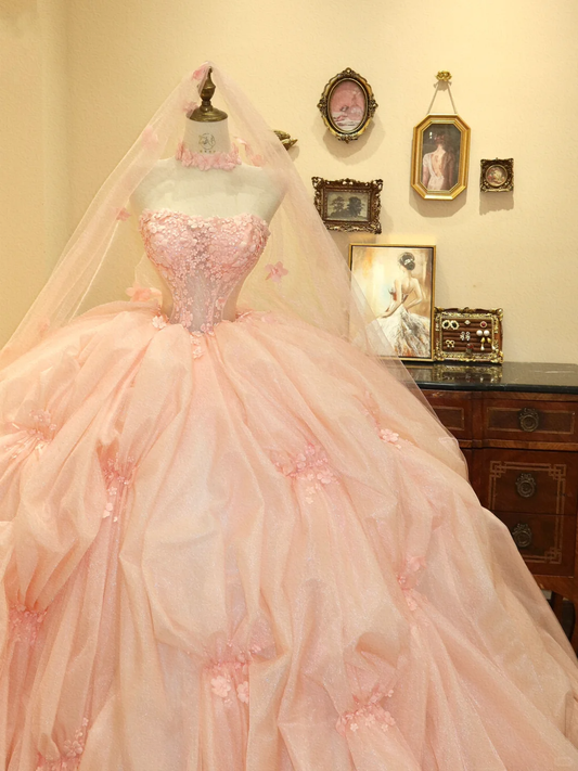 Pink Ball Gown Strapless Appliques Tulle Prom Dress 16th Birthday Dress DP3912