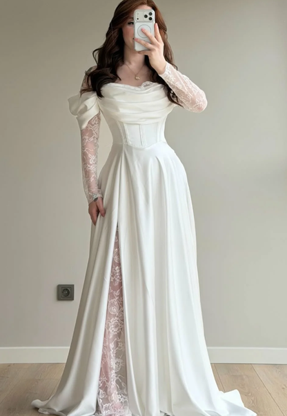 Elegant White A Line Long Sleeve Lace Satin Prom Dress DP5022
