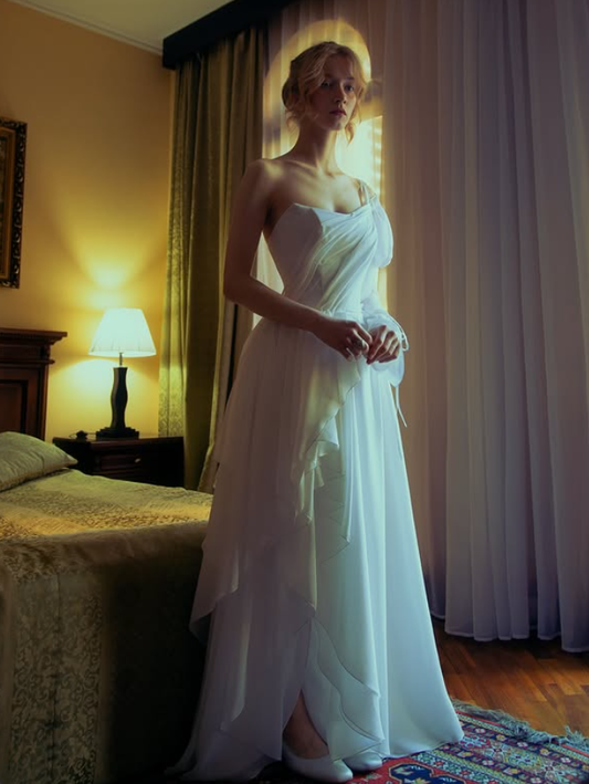 White A Line One Shoulder Flowy Chiffon Long Prom Dress Evening Dress DP4267