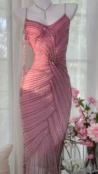 Charming Sheath Spaghetti Strap Beaded Pink Chiffon Party Dress Homecoming Dress DP2440