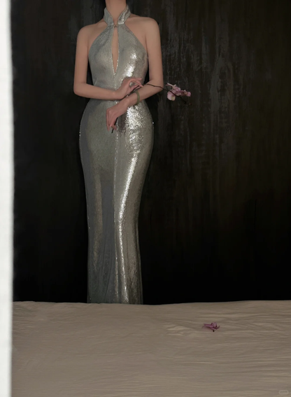 Stunning Silver Mermaid V Neck Sequin Open Back Prom Dress Formal Dress Party Dress DP3445
