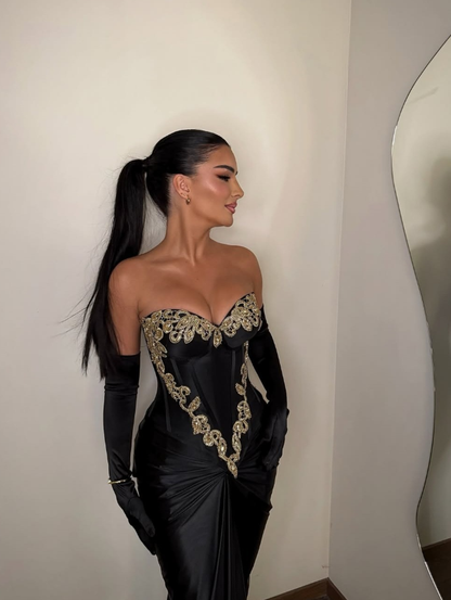 Sexy Black Sheath Sweetheart Neck Gold Beaded Satin Prom Dress DP5739