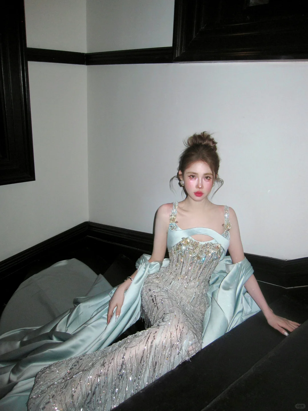 Shiny Mermaid Spaghetti Strap Blue Satin Sequin Long Sweep Party Dress Prom Dress DP2533