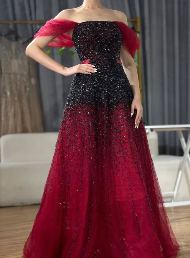 Burgundy A Line Off the Shoulder Beads Sequins Tulle Prom Dress Evening Dress DP1441