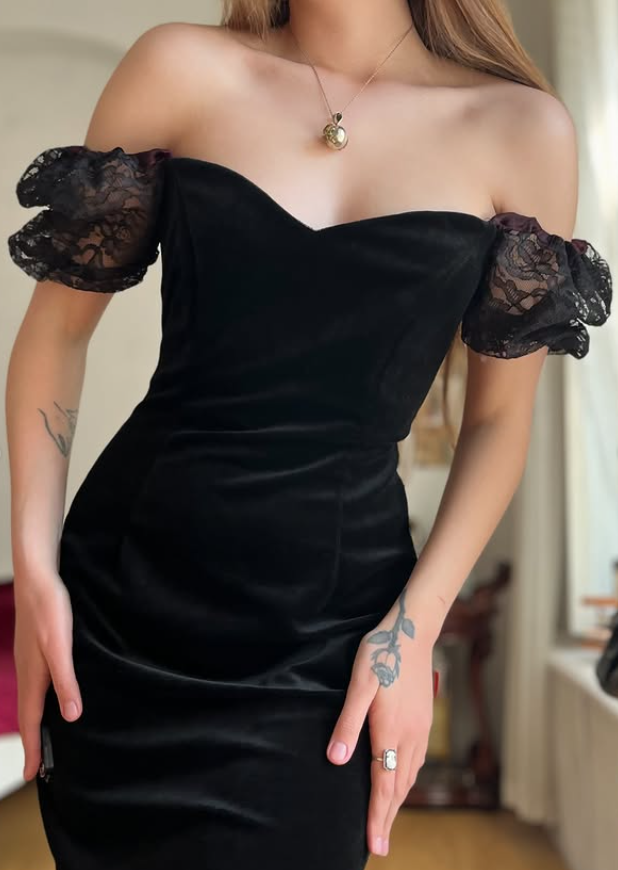 Vintage Sheath Puff Sleeve Black Velvet Knee Length Prom Dress Evening Dress DP5728