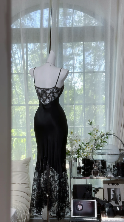 Sexy Vintage Black Mermaid Straps Beaded Lace Satin Prom Dress DP4946