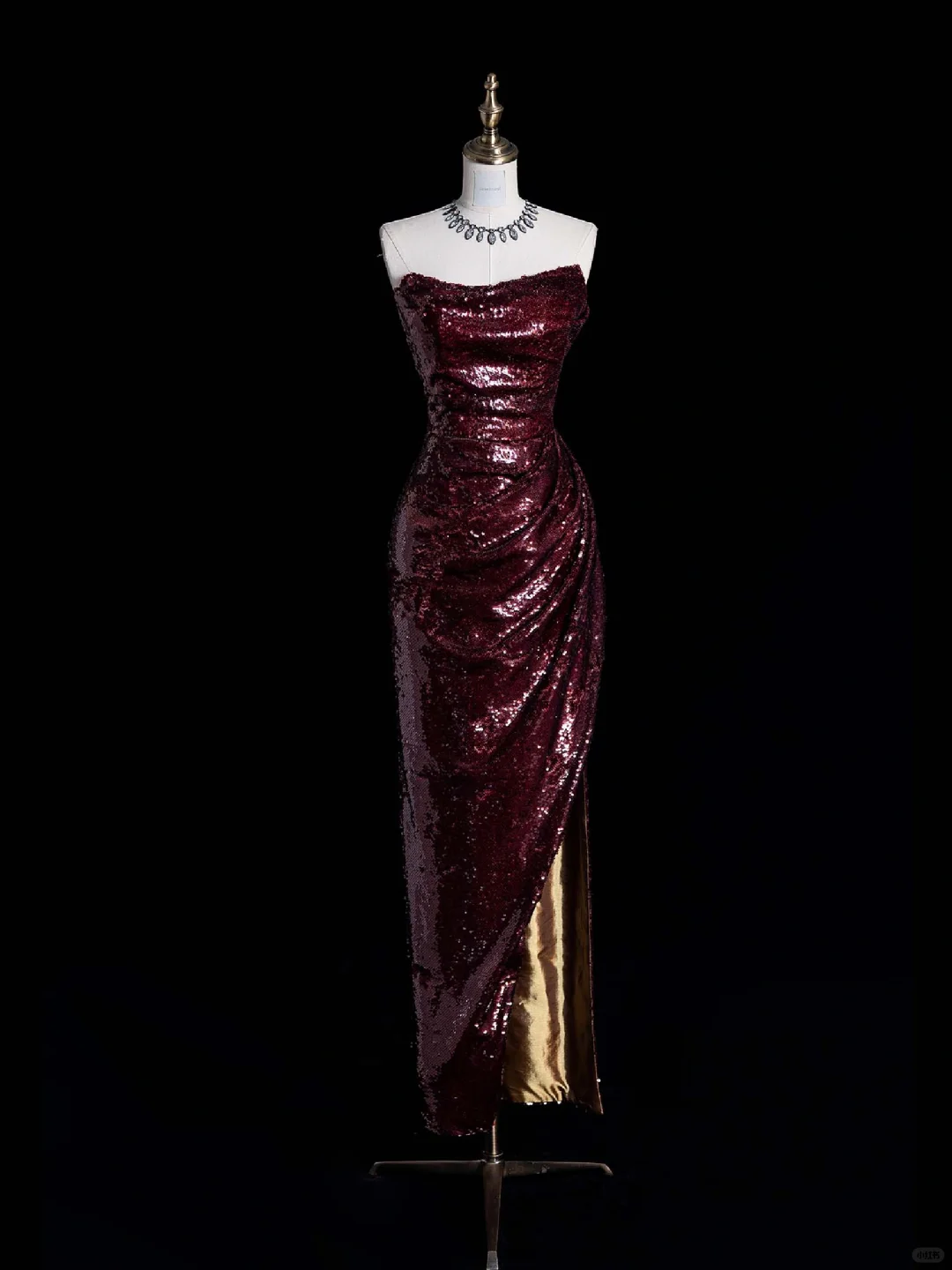 Sexy Sheath Strapless Burgundy Sequin Prom Dress Evening Dress with Slit DP2025