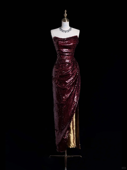 Sexy Sheath Strapless Burgundy Sequin Prom Dress Evening Dress with Slit DP2025
