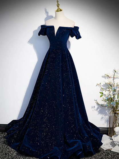 A-Line Off Shoulder Velvet Navy Blue Long Prom Dress Formal Evening Dress DP303