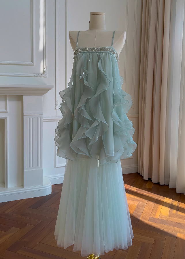 Stunning Green Two Piece A Line Beaded Tulle Chiffon Prom Dress Wedding Guest Dress DP4488
