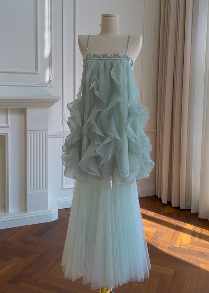 Stunning Green Two Piece A Line Beaded Tulle Chiffon Prom Dress Wedding Guest Dress DP4488