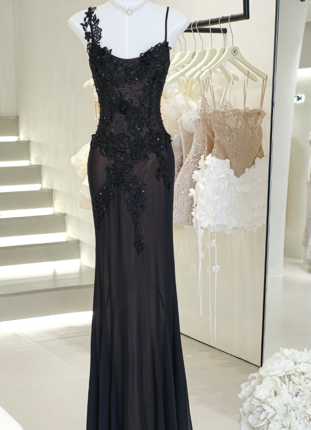 Sexy Black Sheath Spaghetti Strap Lace Appliques Tulle Prom Dress Evening Dress DP6138