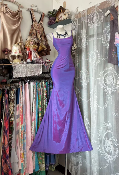 Vintage Charming Purple Mermaid Spaghetti Strap Satin Prom Dress Evening Dress DP5229
