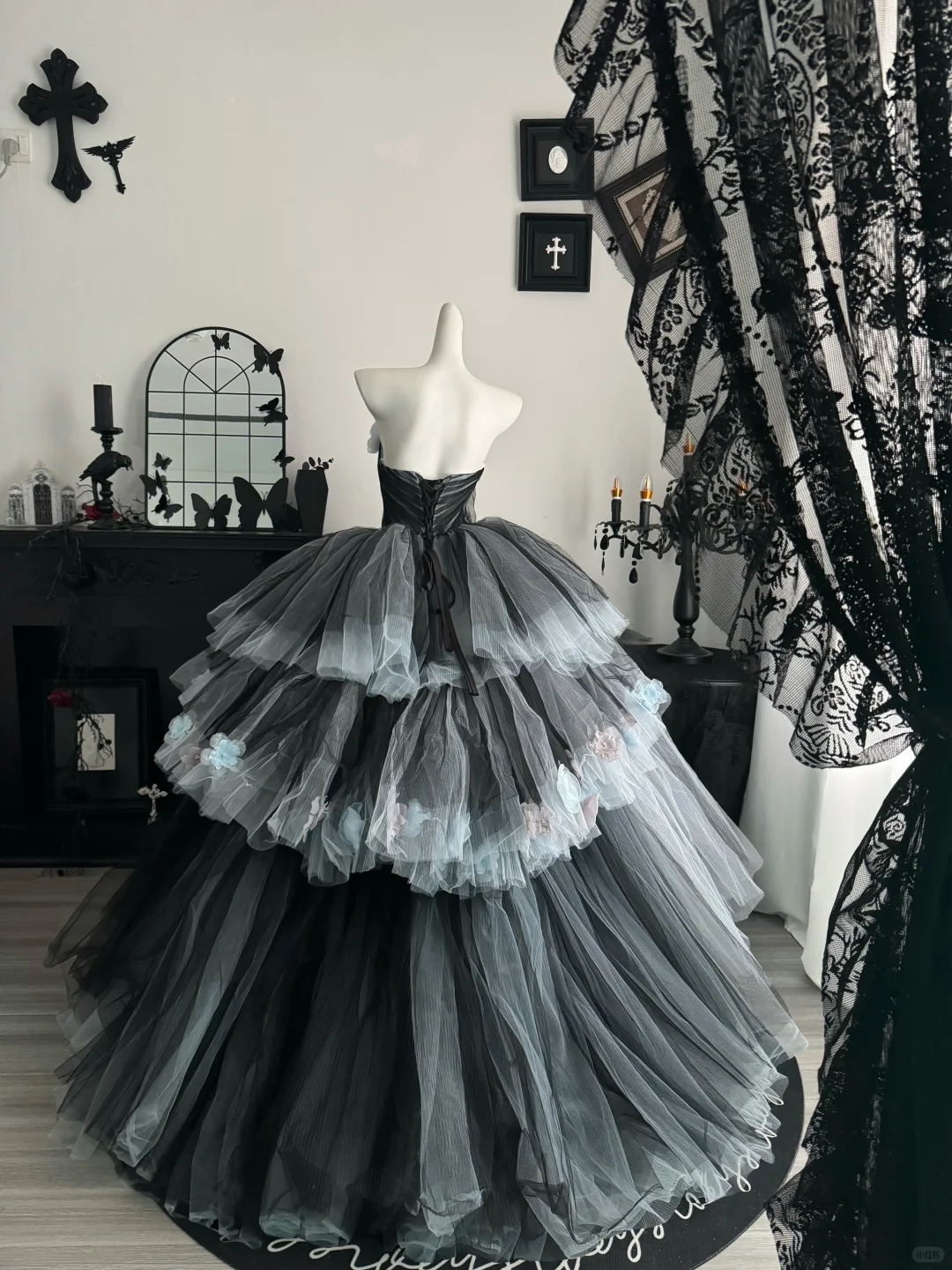 Grey Ball Gown Strapless Floral Layered Tulle Prom Dress Quinceanera Dress DP6971