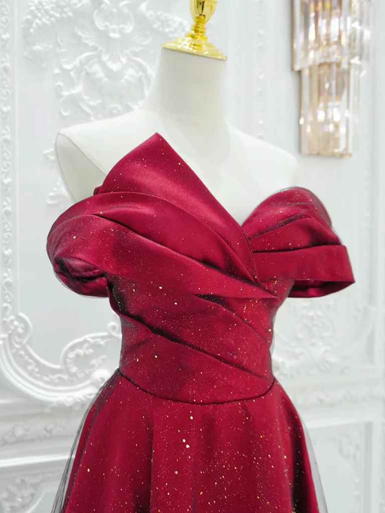 Shiny Off Shoulder Tulle Satin Burgundy Long Prom Dress DP424