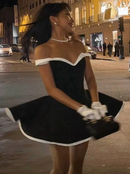 Classic Black-White A Line Off the Shoulder Satin Short Homecoming Outfits DP4260