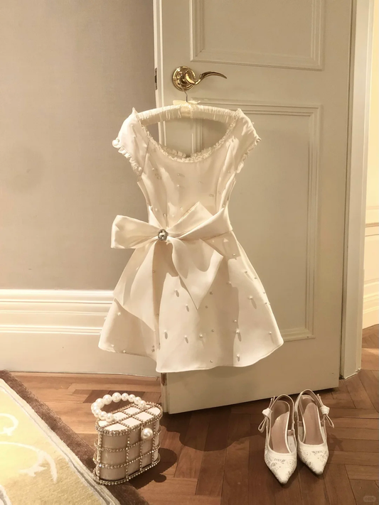 Stunning A Line Round Neck Pearl Satin Short Homecoming Dress with Bow DP2701
