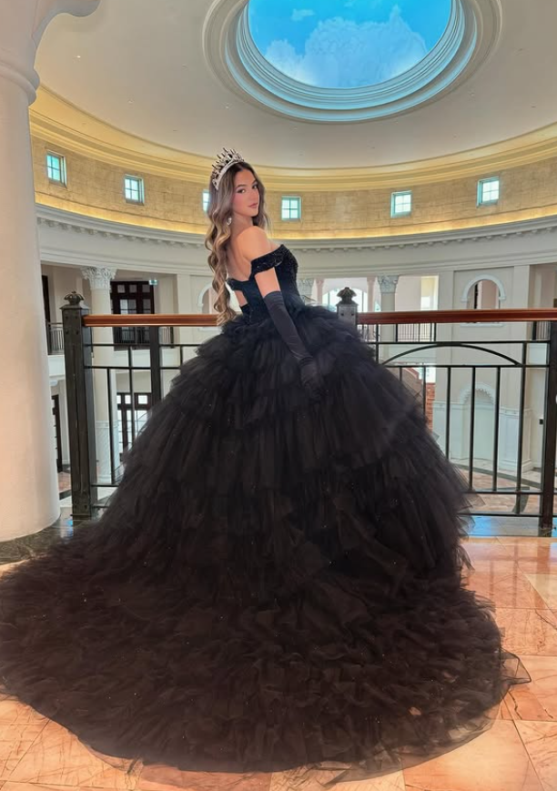 Black Ball Gown Off the Shoulder Beaded Layered Tulle Prom Dress Quinceanera Dress DP4834