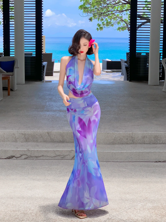 Two Piece Mermaid Halter Purple Print Floral Chiffon Long Prom Dress Outfits DP3849