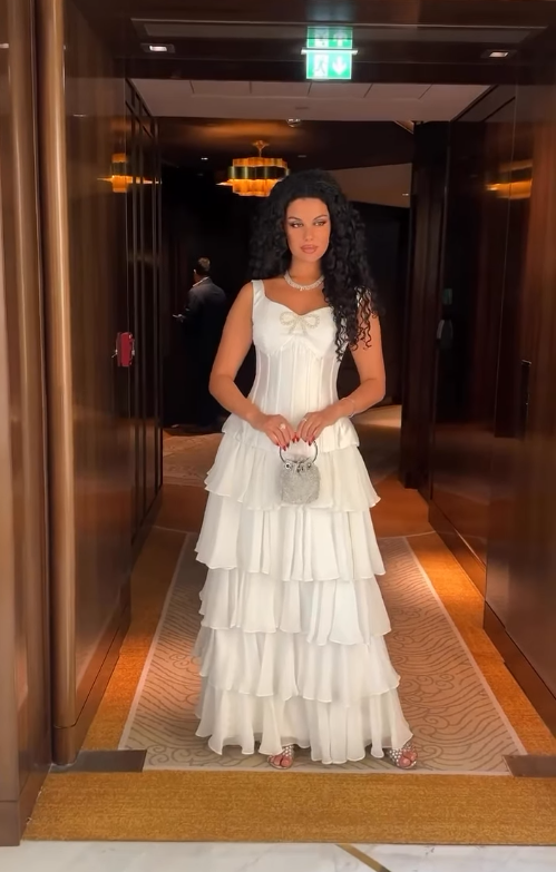 White A Line Straps Beaded Layered Chiffon Satin Prom Dress Evening Dress DP4340