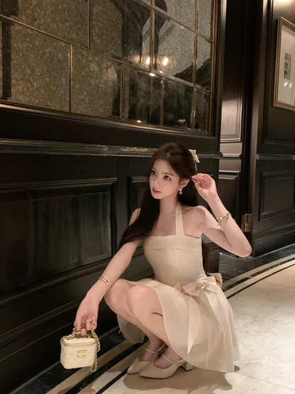 Cute A Line Halter Light Champagne Satin Short Homecoming Dress with Bow DP2698