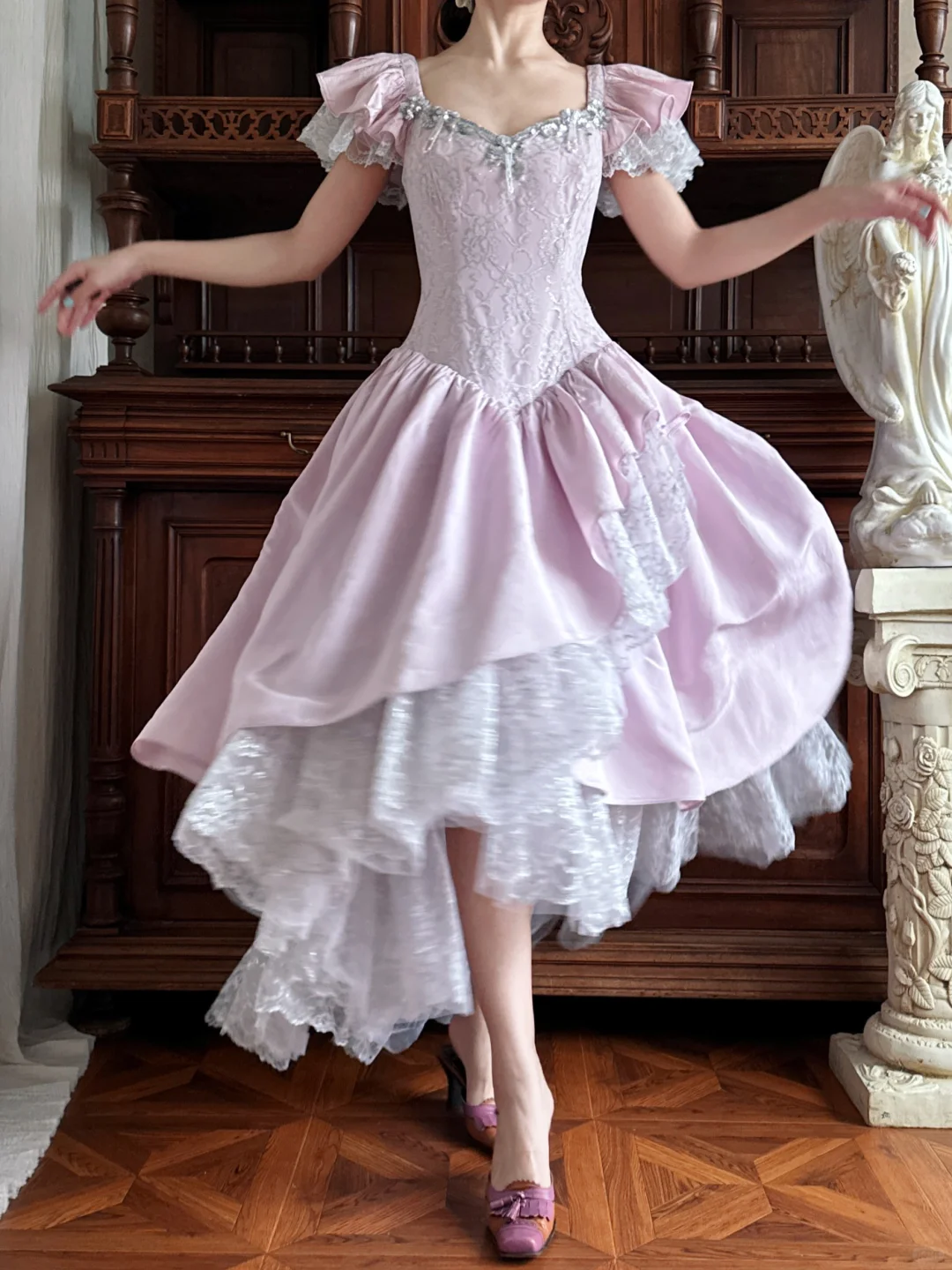 Dreamy Purple A Line Beaded Lace Satin Prom Dress Party Evening Dress DP5329