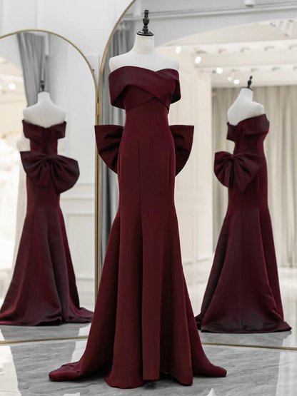 Off Shoulder Satin Burgundy Long Prom Dress Mermaid Evening Dress With Bow DP631