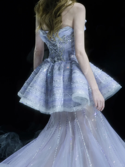 Purple Mermaid Sweetheart Neck Silver Appliques Sequin Tulle Long Prom Dress DP2838